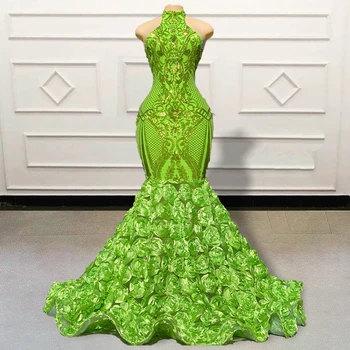 Дълги Зелени рокли за бала 2023, украсени с пайети, 3D Цветя, панделка, Африкански момичета, Жени, Русалки, Вечерни рокли за партита, ушити по поръчка