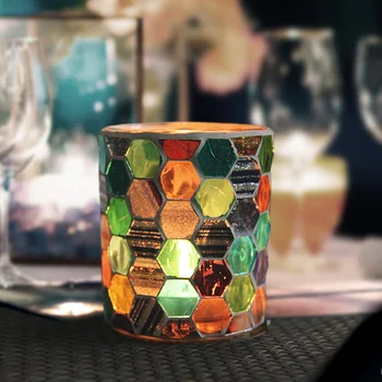 Европейският Пъстър Hexagonal Стъклена Мозайка Свещник, Модерен Домашен Романтична Свещник, Декор за вечеря, Свещ, Празна чаша 7,5 см * 8,5 cm