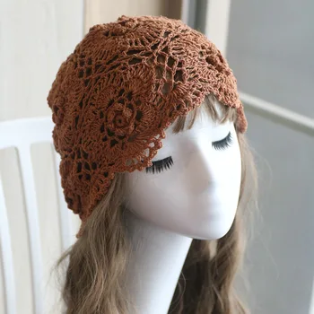 Елегантна обемна шапка-превръзка на главата от памучна нишка във формата на цвете-куката, етнически стил, ретро, скъпа пролетно-лятна шапка с тънки кухи дрямка