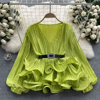 Елегантна Сатен свободна блуза-фенер с волани и дълъг ръкав, Шик Ретро Корейски модерен съкратен топ, Дамски есенни ризи, Готически дрехи