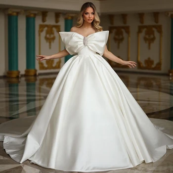 Елегантни сватбени рокли трапецовидна форма с лък, бродирани с мъниста от Саудитска Арабия, сватбената рокля White Princess е За жени, сшитое по стандартите на 2023 г.