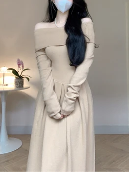 Есен в Елегантна Вязаное рокля Женствена Рокля-пуловер с открити рамене в Корейския Ретро дизайн, Зимно Ежедневното рокля Midi за вечерни партита 2023 г.