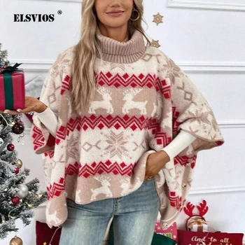 Есен-Зима, Новата мода, Персонални дамски дрехи в уличном стил, пуловер с висока яка и контрастни модел на Коледните лосове с ръкави 