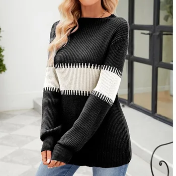 Есенно-зимния женски пуловер с прозрачна висока яка, контрастен пуловер с дълги ръкави в стил мозайка с дърворезба, възли на долните върхове