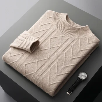 есенно-зимния нов мъжки обикновен пуловер от 100% мериносова вълна с полувысоким деколте и двойни дебели усукани дълги ръкави