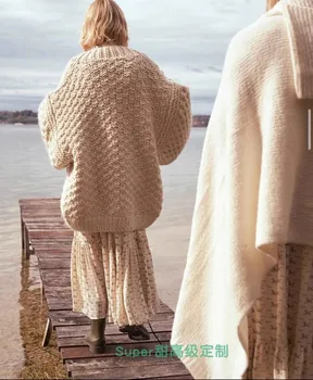 Есенно-зимния сгъсти пуловер от чиста вълна, женската звезда, палто с голям ръкав 