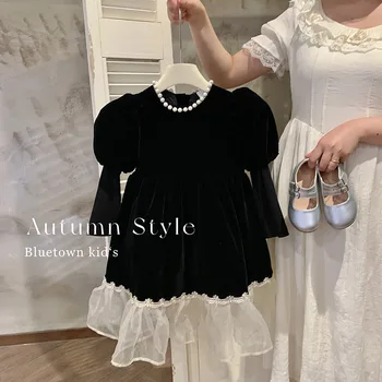 Есенното облекло 2023 г., детски дрехи, рокли на принцеси за момичета, Модерно черна рокля Hepburn Wind, детски костюм, полата