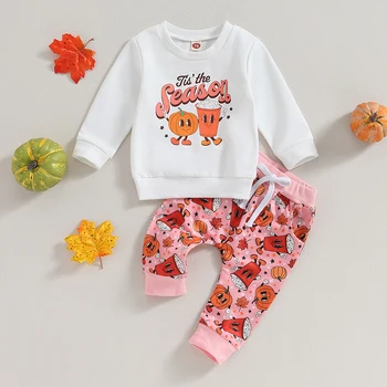 Есенното облекло за деца, блузи, с кръгло деколте и дълги ръкави с писмото принтом от анимационни филми, за малките момиченца + панталони с джобове, панталони и комплекти