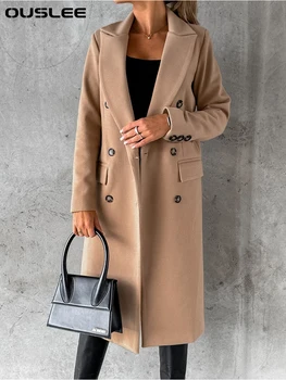 Жена двубортное вълна палто макси с дълги ръкави, однотонное, елегантно женско палто, ежедневна мода, есен, Зима