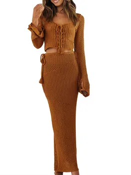 Жена комплект прагове в стил бохо-шик, свързани на една кука от 2 теми, Стилни летни тоалети с изискан деколте и дълги ръкави на експозиции