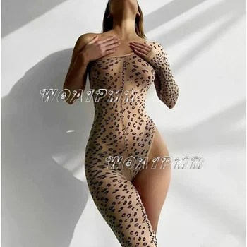 Жена леопардовое бежевое нейлоновое боди, гланцирано сексуално бельо, чорапи за момиченце, Чувствено бельо, Цели пижама, нощница