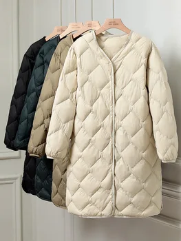 Жена лесен пуховик средна дължина, Есен/Зима, Ново Корейското свободното си топло палто с V-образно деколте, Модни горна дреха с дълги ръкави и цепка отстрани.