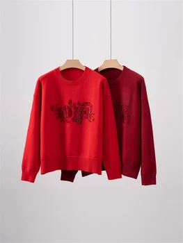 Жена пуловер 2023, новостите на есен-зима, модерен дизайн с кристали, кръгъл отвор, без всекидневни пуловер с дълъг ръкав