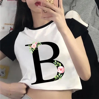 Жена съкратен топ с графични черни букви с роза, азбука A-Z, съкратен топ с цветя модел за момичета, дамски модни риза в стил Харадзюку с къс ръкав
