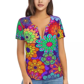 Женска тениска, лятна тениска с ретро цветя, тениски с цветя хипи, секси къс ръкав, V-образно деколте, модерен дизайн, дрехи големи размери