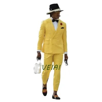 Жълти мъжки костюми Terno с двубортным ревера, Обикновена мода, Сватбени костюми за младоженец, Яке и панталони от 2 теми, Ternos ал Hombre