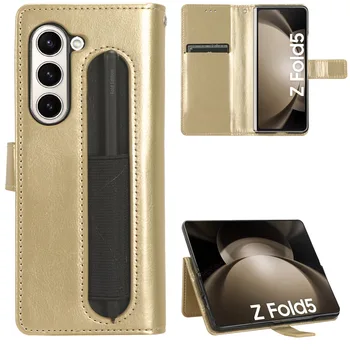 За Samsung Z Fold 5 Калъф със Слот за писалка Луксозен Кожен Магнитен Флип калъф за Телефон Galaxy ZFold5 с функция за Стойка, Калъф за слота за карта с Памет