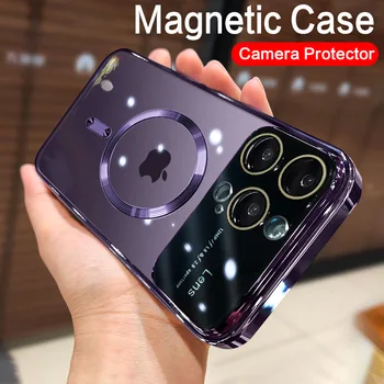 За Магнитна безжичното Зареждане Magsafe Прозрачен Калъф За iPhone 14 13 12 11 Pro Max 14Plus С Голям Прозорец със Стъкло Защитна Капачка за Обектива