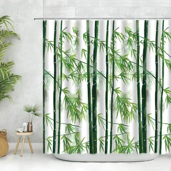 Зелен бамбук плат за завеси за душ С куки Изискан Минималистичен стил, Бял Декор Творческото Начало Декор Комплект завеси за баня