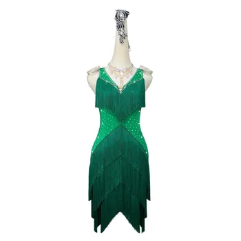 Зелен костюм за състезания по латинским танци, секси женски къси поли с отворен гръб, дрехи за балните танци, празнична рокля голям размер
