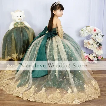 Зелена бална рокля, Детско принцеса рокля, Бельо премяна за рожден Ден, рокли с цветя за момичета по поръчка