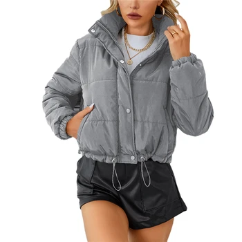 Зимни якета за жени 2023, модерен монофонични съкратен топ с цип дълъг ръкав и завязками с джобове на палтото 2000-те, топли дрехи