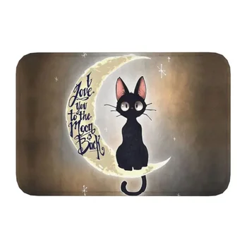 Изтривалки за входната врата с шарките на Черна котка и Луната, Домашен Cartoony Коте, Подложка за кухня, за баня, Градински килим.