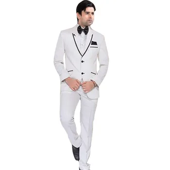 Индийски стил, изработена по поръчка, оборудвана, с 2 копчета, 3 джоба, смокинги за младоженеца, сватбена вечеря, бяло мъжки дрехи (яке + панталон + папийонка)