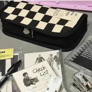 Кавайный Черно-бял мрежест молив случай, холщовая чанта за писалки с голям капацитет, Модерна Эстетичная кутия за канцеларски материали за момичета, ученически пособия