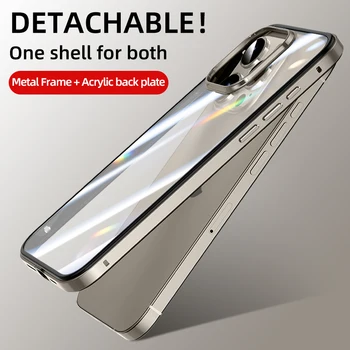 Калъф-броня от сплав 2в1 за iPhone 15 Pro Max 14 13 Метална Титаново-сива рамка е Прозрачна Пластмасова делото Аксесоари
