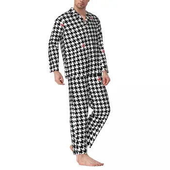 Класическа пижама в клетката, през Пролетта на Червено-черен принт, Реколта пижамные комплекти Оверсайз, мъжки пижами стил Kawai с дълъг ръкав за спални