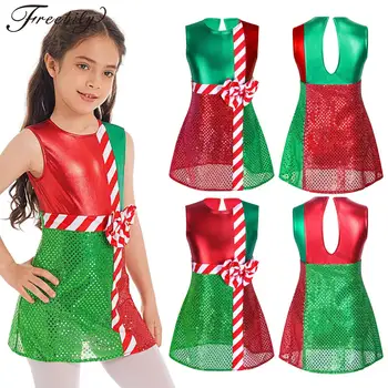 Коледна рокличка за момичета без ръкави, блестящо Метално танцово трика, cosplay, с костюм за Коледно парти.