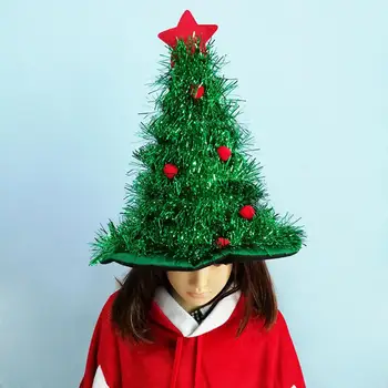 Коледна шапка, Коледна шапка, Цветни плюшено топка, Коледно дърво, Празнична украса за празниците за многократна употреба с копринен дъжд Унисекс