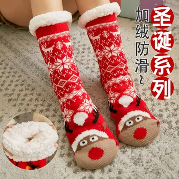 Коледни чорапи Дамски Червени Зимни Топли нескользящие домашни чорапи със средна дължина, с луксозен подово покритие Коралови кадифени чорапи за сън