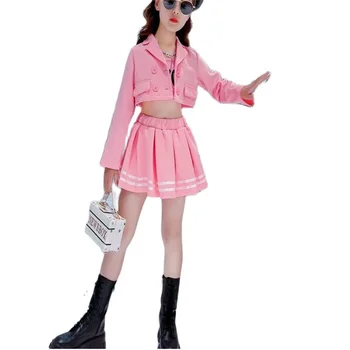 Комплект детска плисирана пола с моден тренд за деца, градинска дрехи, страхотна розова танцова форма за момичета, пролет-есен облекло за тийнейджъри 8 10 11 12 години