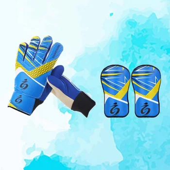 Комплект защитно оборудване на детския футболен вратар, който включва 1 чифт визии за прасец и 1 чифт ръкавици - Размер на 5 (син)