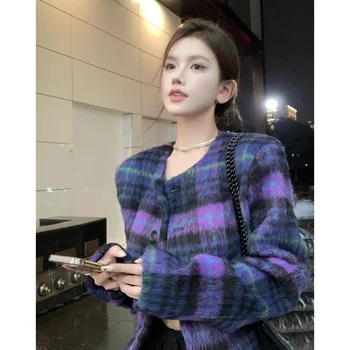 Корейската лилаво клетчатая вълнена риза, дамски градинска облекло в корейски стил, однобортное късо палто, Дамски пролетно горна дреха с дълъг ръкав