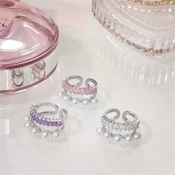Корейската мода перлена пудра на прах диамант бял диамант лилаво диамант отворено двухслойное пръстен флаш диамант sweet girl S925 бижута