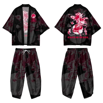 Костюм Хаори в японски стил, Юката, Винтажное кимоно и широки панталони, мъжки комплект градинска дрехи Харадзюку, жилетка с принтом Самурай и черна котка