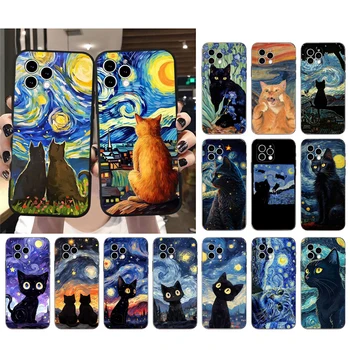 Котка Звездна Нощ на Ван Гог Калъф За Телефон iphone 15 14 Pro Max 13 12 11 Pro Max XSMax XR 12 13 mini Plus 14
