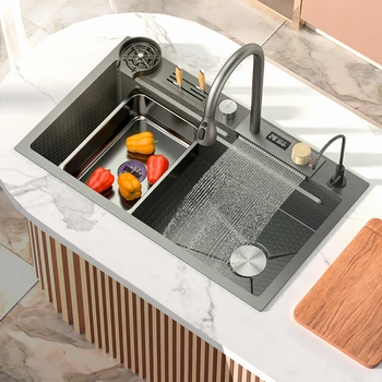 Кухненска мивка с водопад, голяма однощелевая Нанофункциональная мивка от неръждаема стомана за кухня, черно мивка, умна миялна машина