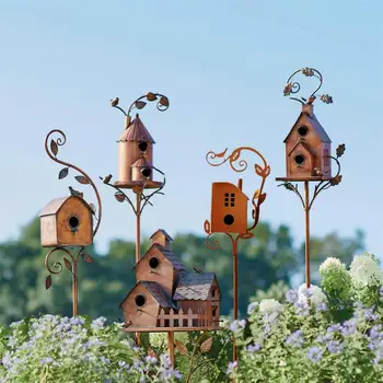 Къщичка с шесто Метални хранилки за птици, Градински колове Художествени къщички за вътрешния двор Двор на открито Украса на градината
