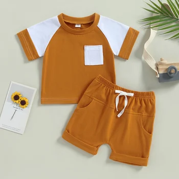 Летни дрехи за деца в контрастен цвят, риза с къс ръкав и стрейчевые ежедневни панталони, комплект за момчета и момичета