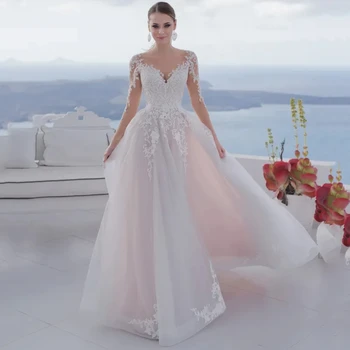 Луксозна сватбена рокля за жените 2024, дантелени апликации във формата на сърце, илюзия на гърба с дълъг ръкав на сватбена рокля трапецовидна форма Vestidos De Новия