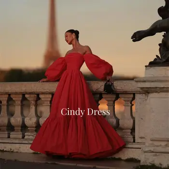 Луксозни дамски официални рокли Cindy Сатен, Червено Луксозна Вечерна рокля 2024 г., в Елегантна Рокля с А-силует, С Пищни ръкави, Ламинирано рокля Sharon Happy White