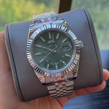 Луксозни Нови мъжки часовник с автоматичен механичен механизъм от неръждаема стомана, Сребристо-бяло, Зелено синьо небе циферблат Обитателят