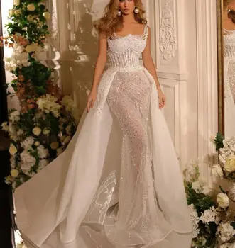 Луксозни сватбени рокли без ръкави, с V-образно деколте, бретельки, пайетки, мъниста апликация от перли, подвижна панделка, сватбени рокли Vestina De Новия
