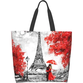 Любовта на Парижката кула, голяма дамска чанта-тоут, Множество продуктова чанта, водоустойчив пазарска чанта с вътрешен джоб