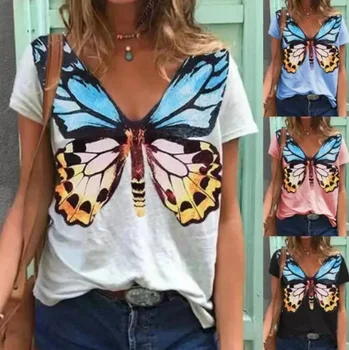 Лятна дамска тениска с къс ръкав и V-образно деколте с принтом пеперуди