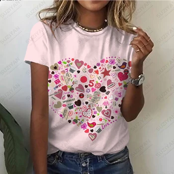 Лятна тениска с къс ръкав за момичета, свободна и удобна, с 3D принтом, в едно мирно стил Любовта, нов, лесен, по-голямата, casual стил харадзюку.